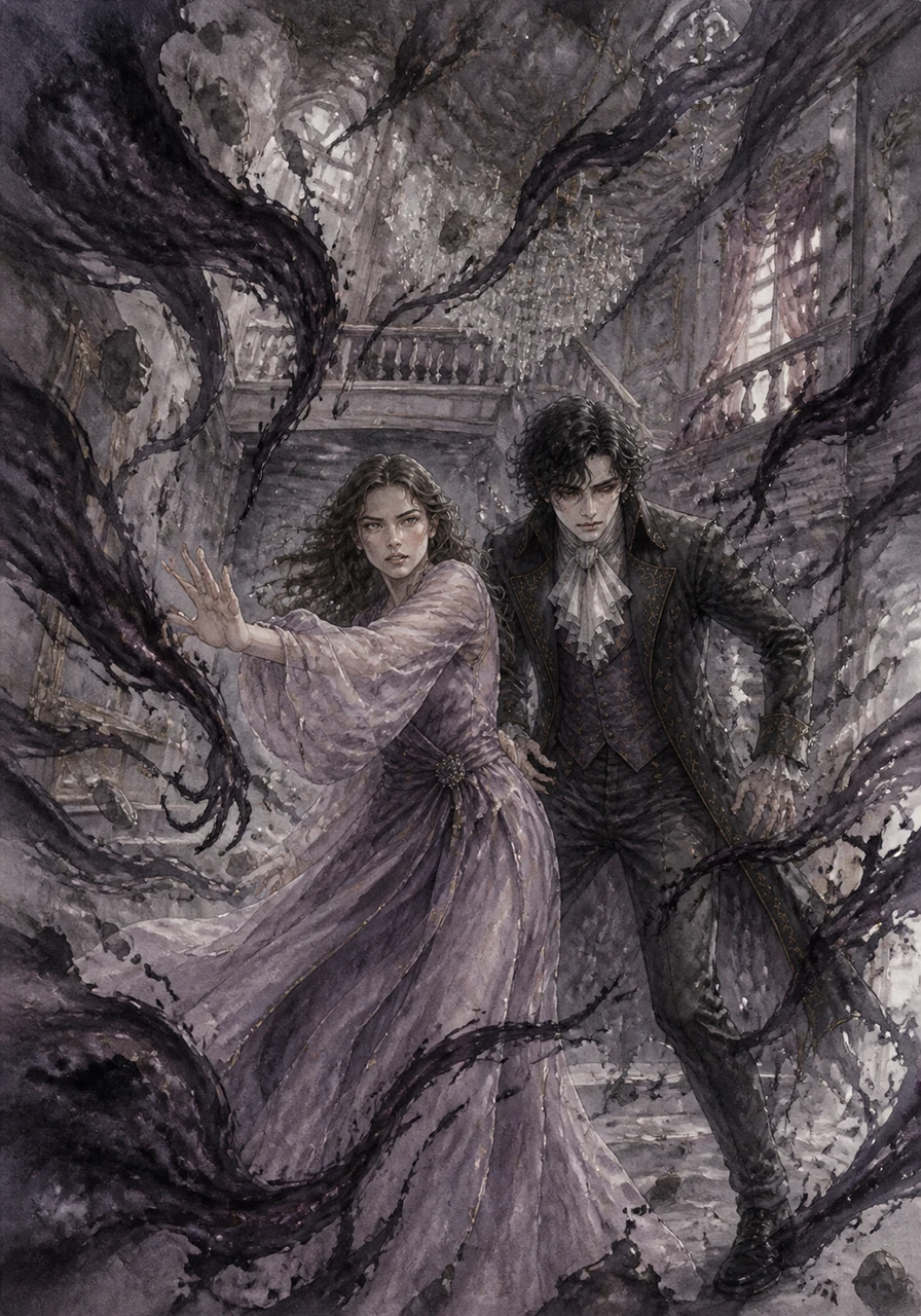 The manor began to tremble as the ancient curse sensed a threat to its hold over Julian’s soul. Dark tendrils lashed out from the walls, threatening to pull them both into an abyss of eternal silence.