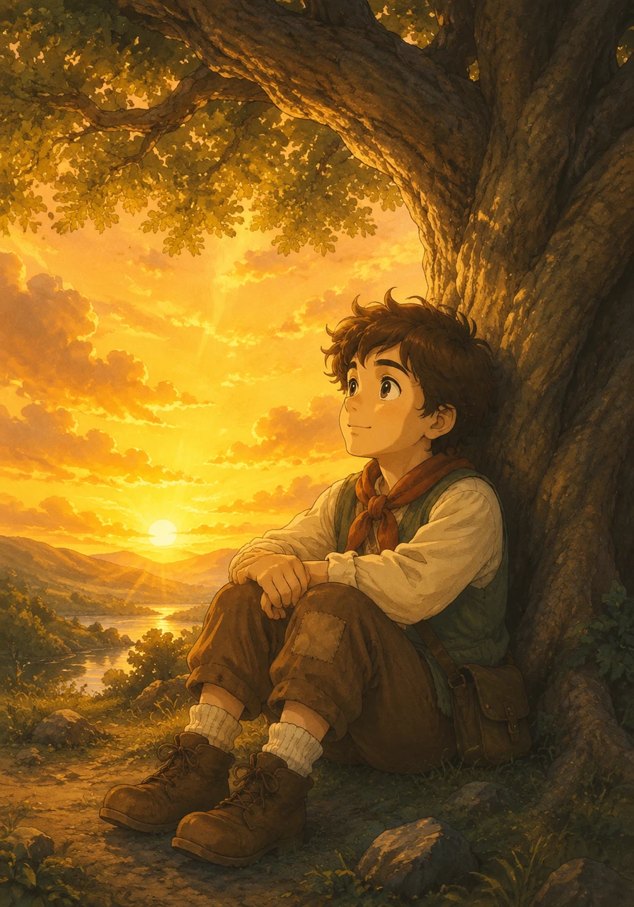 Little Noah sat under a big tree, watching the sunset and listening to God's whisper. God told him that a great flood was coming and that he should build a massive boat called an ark to keep his family and animals safe.