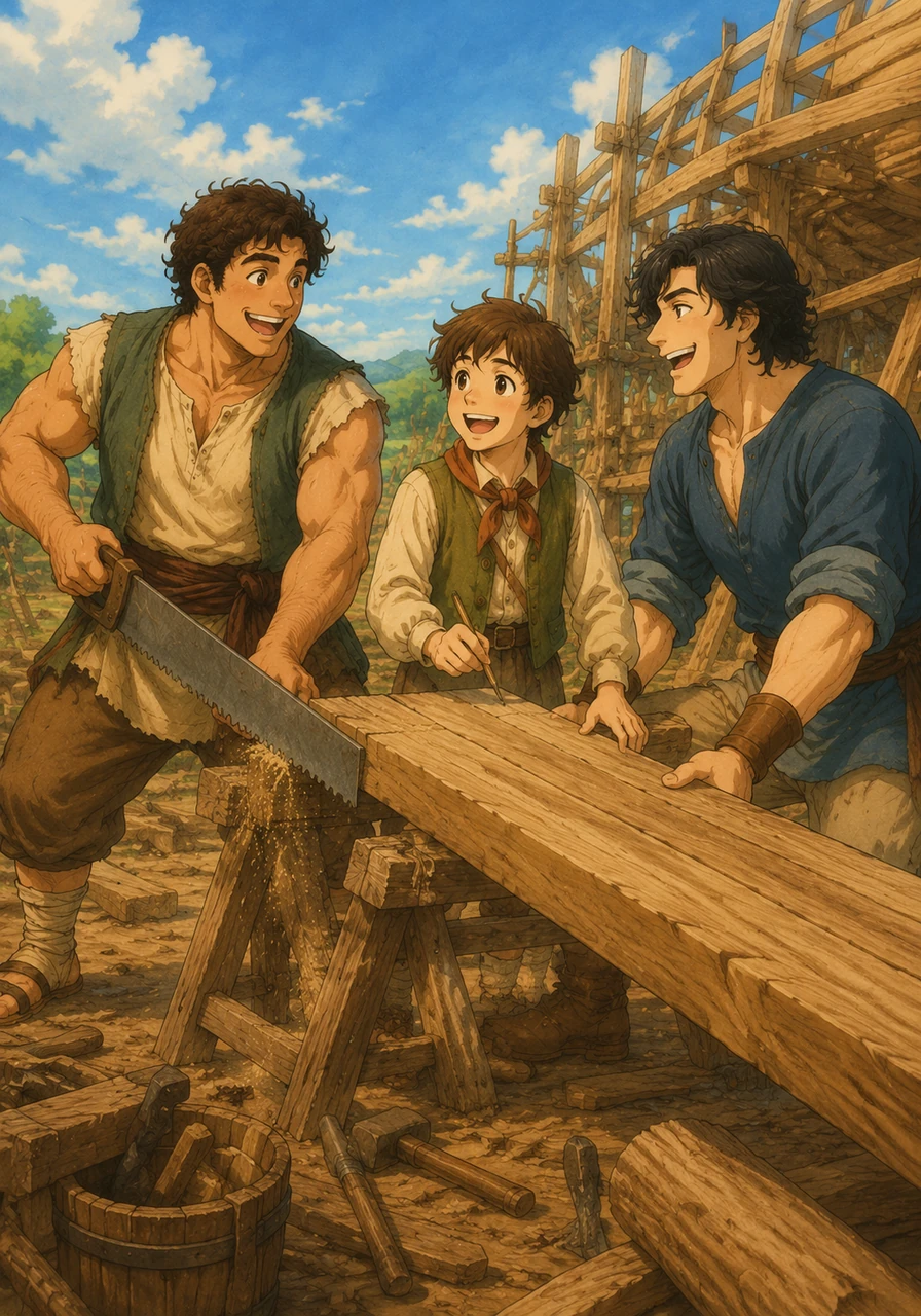 Noah's sons, Shem, Ham, and Japheth, came to help. They worked hard, laughing and singing as they measured and sawed long pieces of gopher wood.