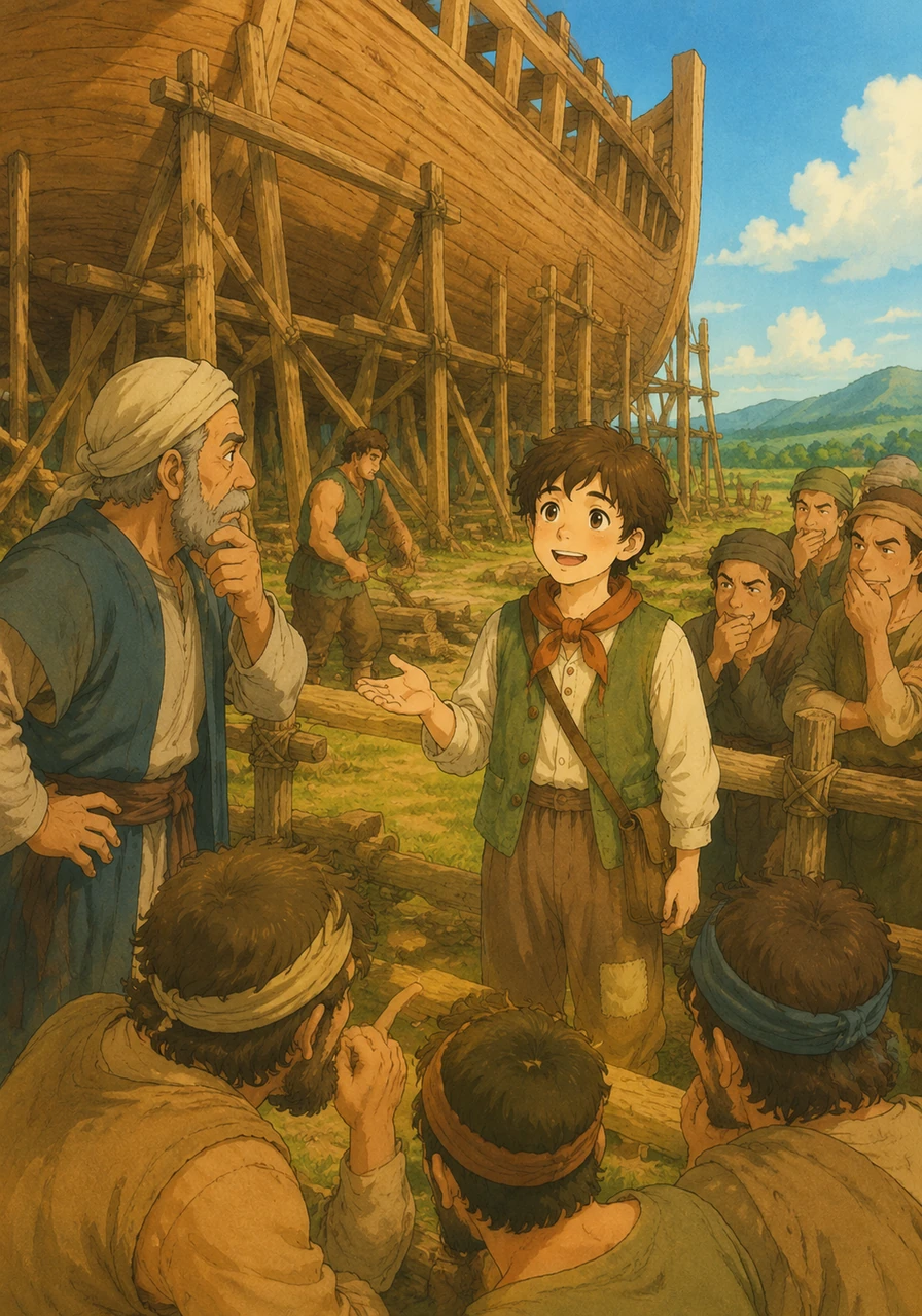 People in the village watched them and giggled. 'Why are you building a boat out here?' they asked. Noah just smiled and said, 'God told us to! He will keep us safe.'
