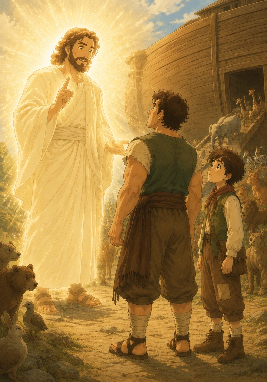 When the ark was finally finished, God told Noah it was time. He said, 'Bring two of every kind of animal, a male and a female, into the ark with you.'
