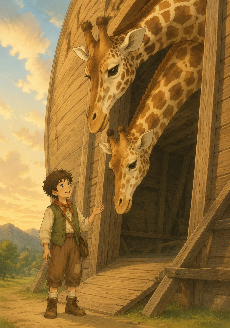 First, the gentle giraffes arrived, towering high above Noah. They lowered their long necks to peer inside their cozy new home.