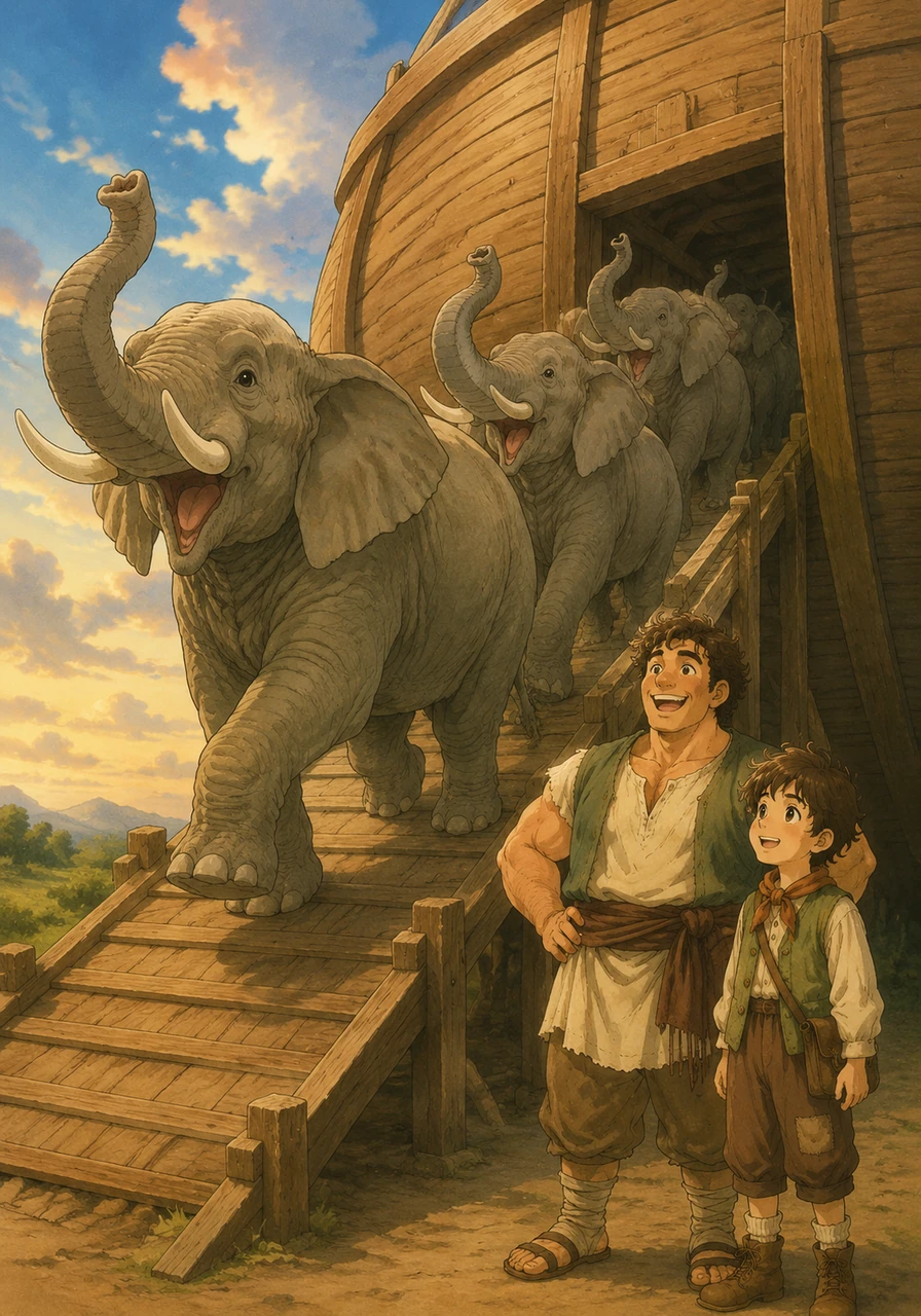 Then came the playful elephants, trunk-to-tail, trumpet-call echoing as they lumbered onto the ramp, their large feet making loud thumps.