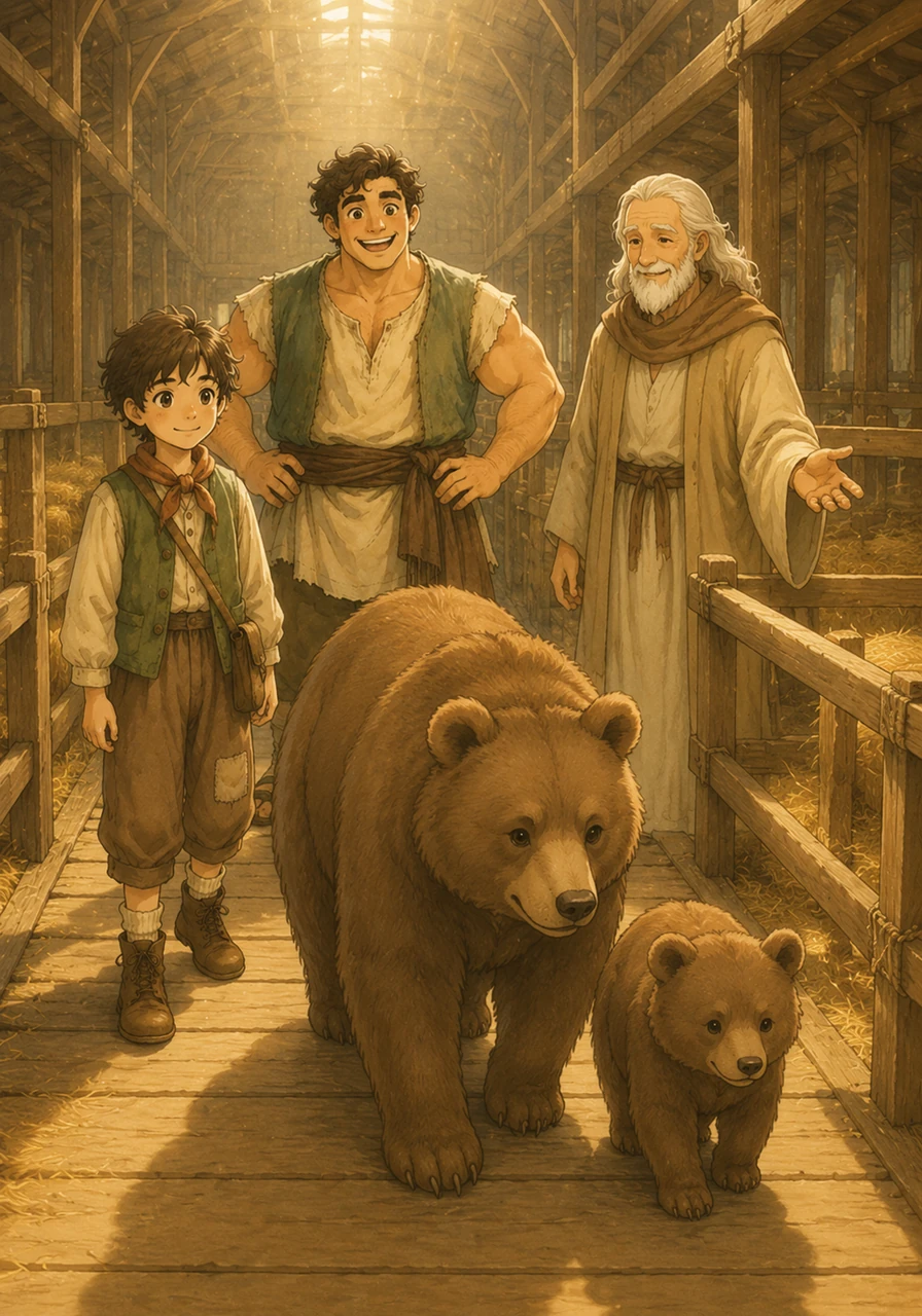 Fuzzy brown bears walked side-by-side, their paws soft on the wooden planks, heading towards the warm, straw-filled pens.