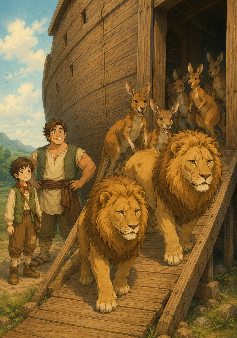 Lions with magnificent, flowing manes padded quietly along, followed by bouncy kangaroos, who hopped excitedly right up the ramp and into the ark.