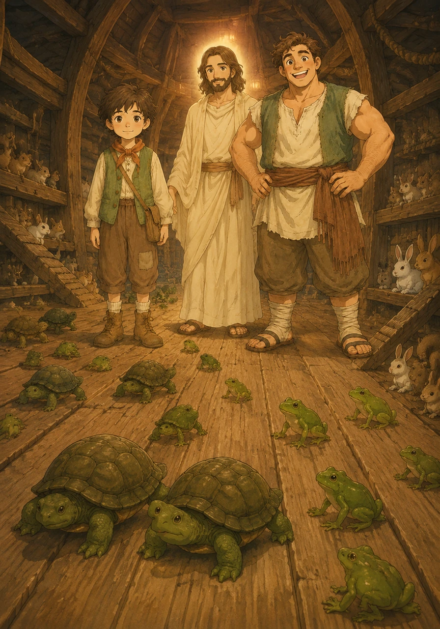 Even the tiniest creatures came, two by two. Snail-paced turtles and hopping green frogs found their small spots inside.