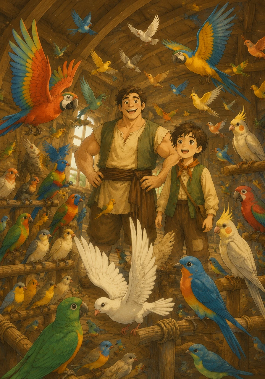 Last of all, the colorful birds flew in, a rainbow of feathers and chirping songs filling the ark as they settled on wooden perches.