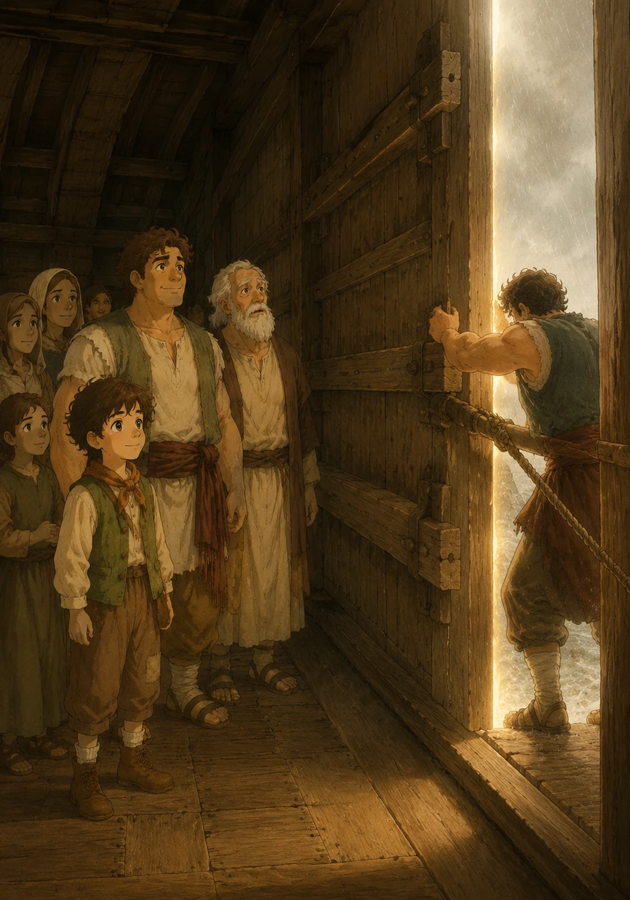 When everyone was safely inside, God Himself closed the massive, heavy door of the ark, sealing it tight against the outside world.