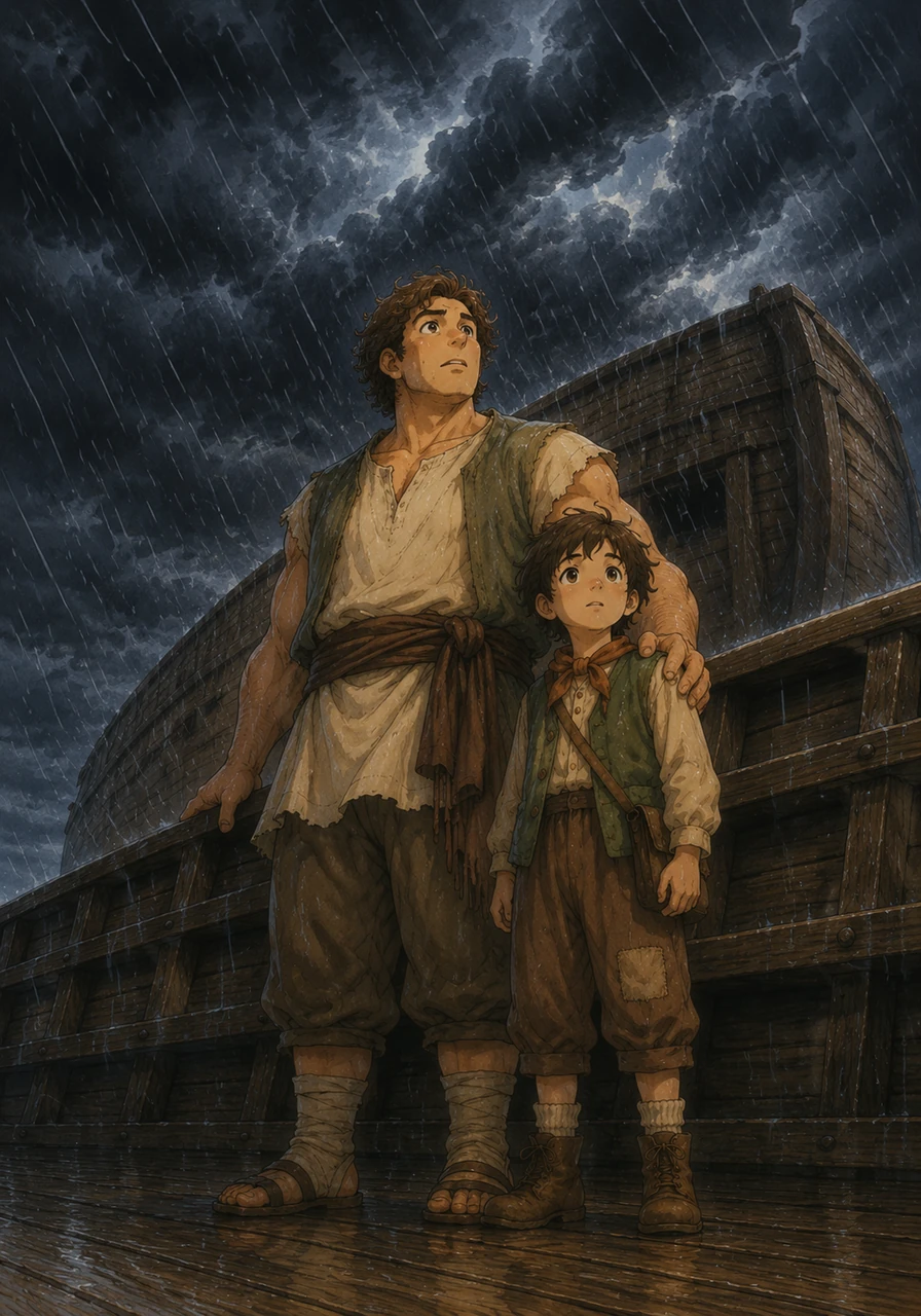 The sky grew dark and cloudy. Soon, tiny rain droplets started to fall, plinking on the ark's roof. Then, the rain fell harder and harder.