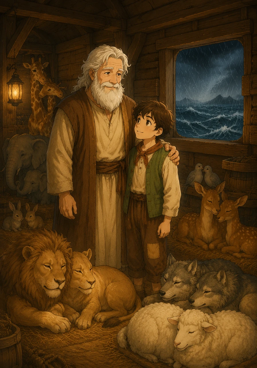 It rained for forty days and forty nights. Water covered the fields, the trees, and even the highest mountains. But inside the ark, Noah, his family, and all the animals were warm and safe.