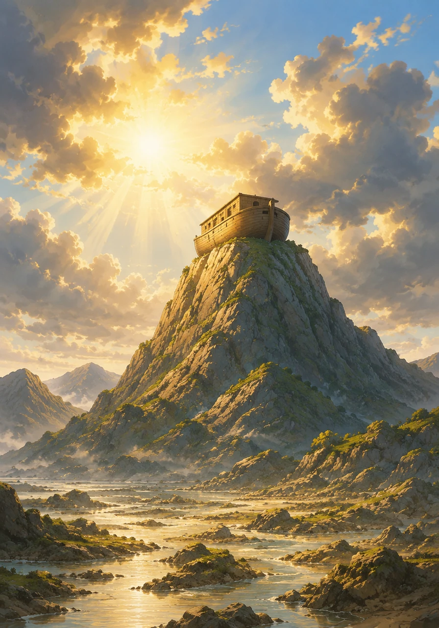 ly, the rain stopped. The clouds rolled away, and the bright sun began to dry the earth. The water went down and down until the ark rested gently on top of a tall mountain called Ararat.
