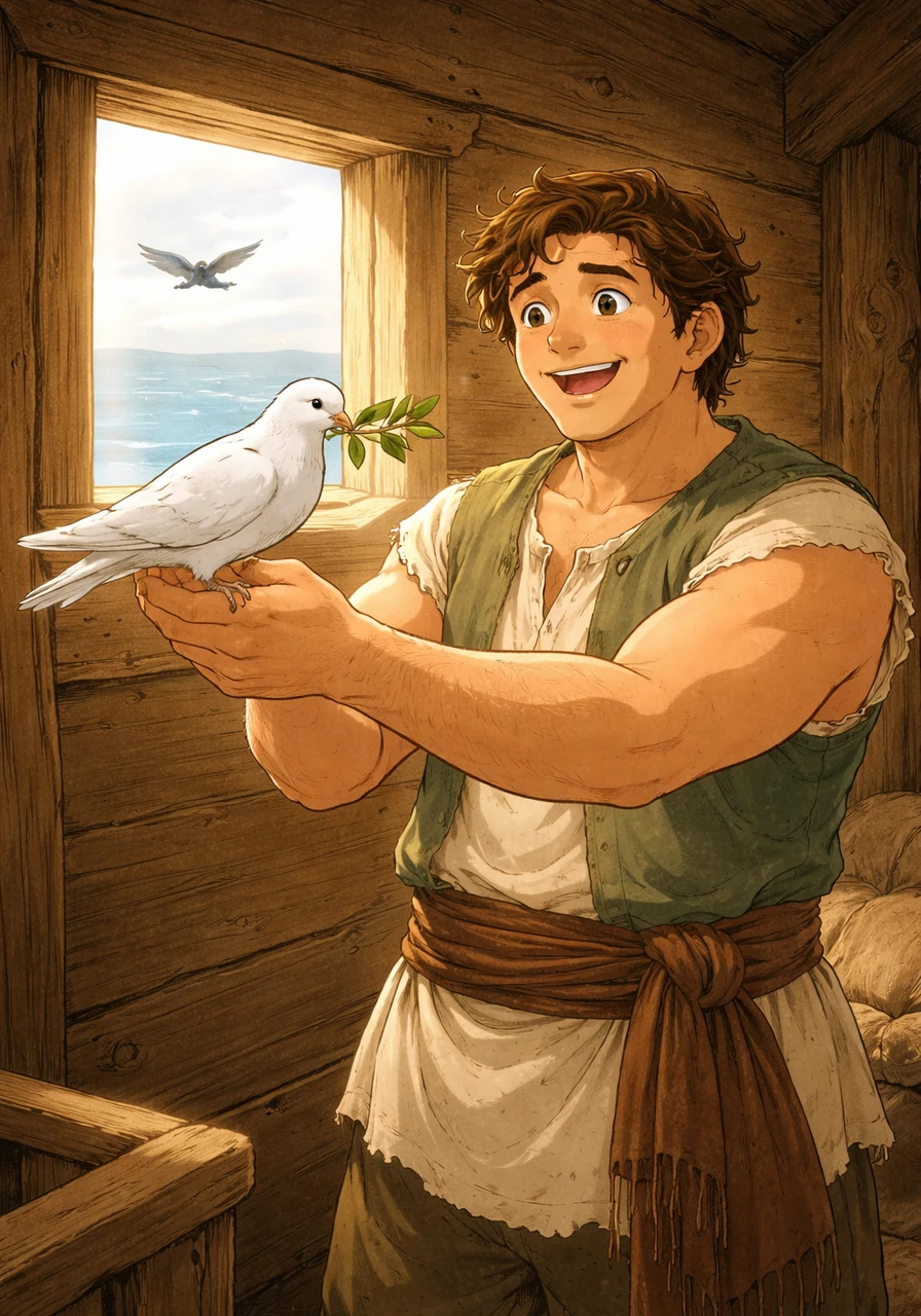 Noah opened a small window and sent out a raven, but it just flew back and forth. Then, he sent a dove, who came back with a fresh green olive branch in its beak! Noah knew the water was almost gone.