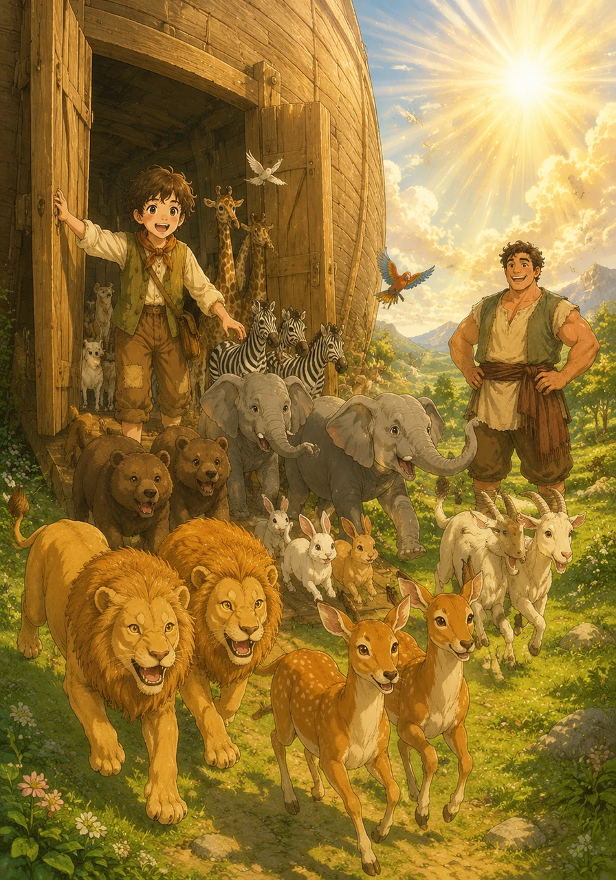 God told Noah, 'It is time to go out!' Noah opened the big door, and the animals happily bounded out, eager to stretch their legs and explore the new world.