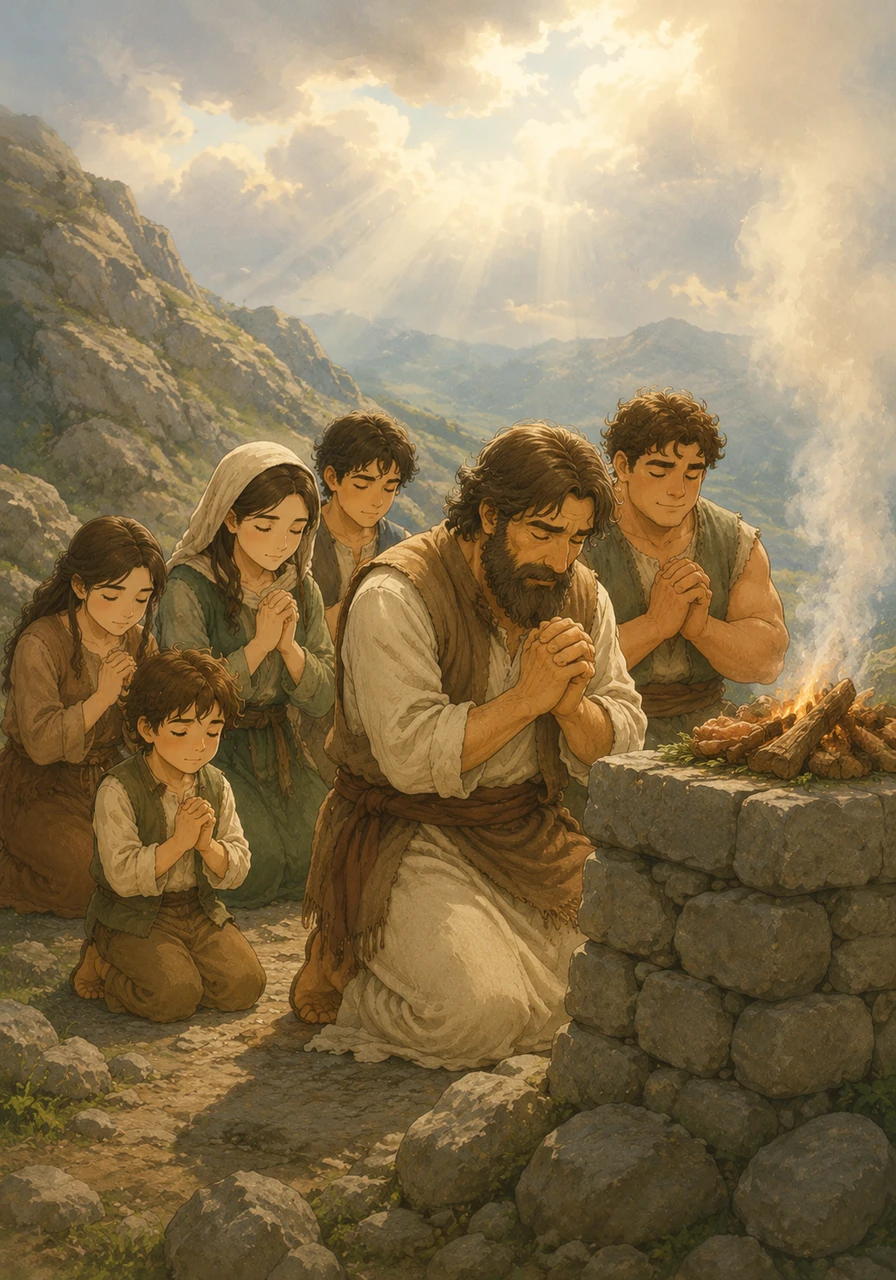 Noah and his family built an altar to thank God for keeping them safe through the great flood. They knelt down and prayed, feeling very grateful.