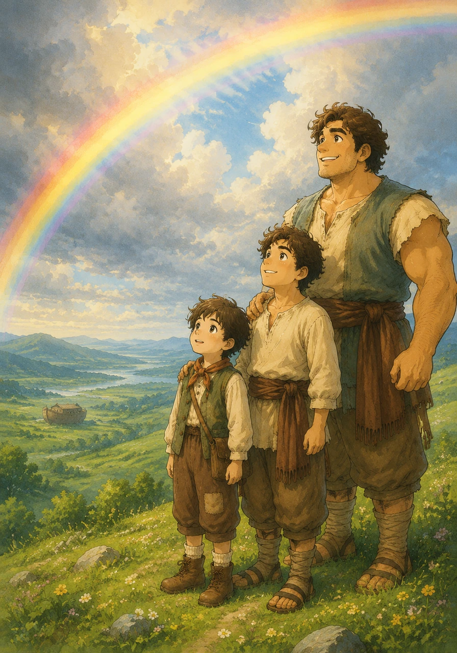 Look up! A beautiful, bright rainbow stretched across the sky. God said, 'This rainbow is my promise to you. I will never flood the entire earth again.' From that day on, whenever people saw a rainbow, they remembered God's promise and Little Noah's big boat.