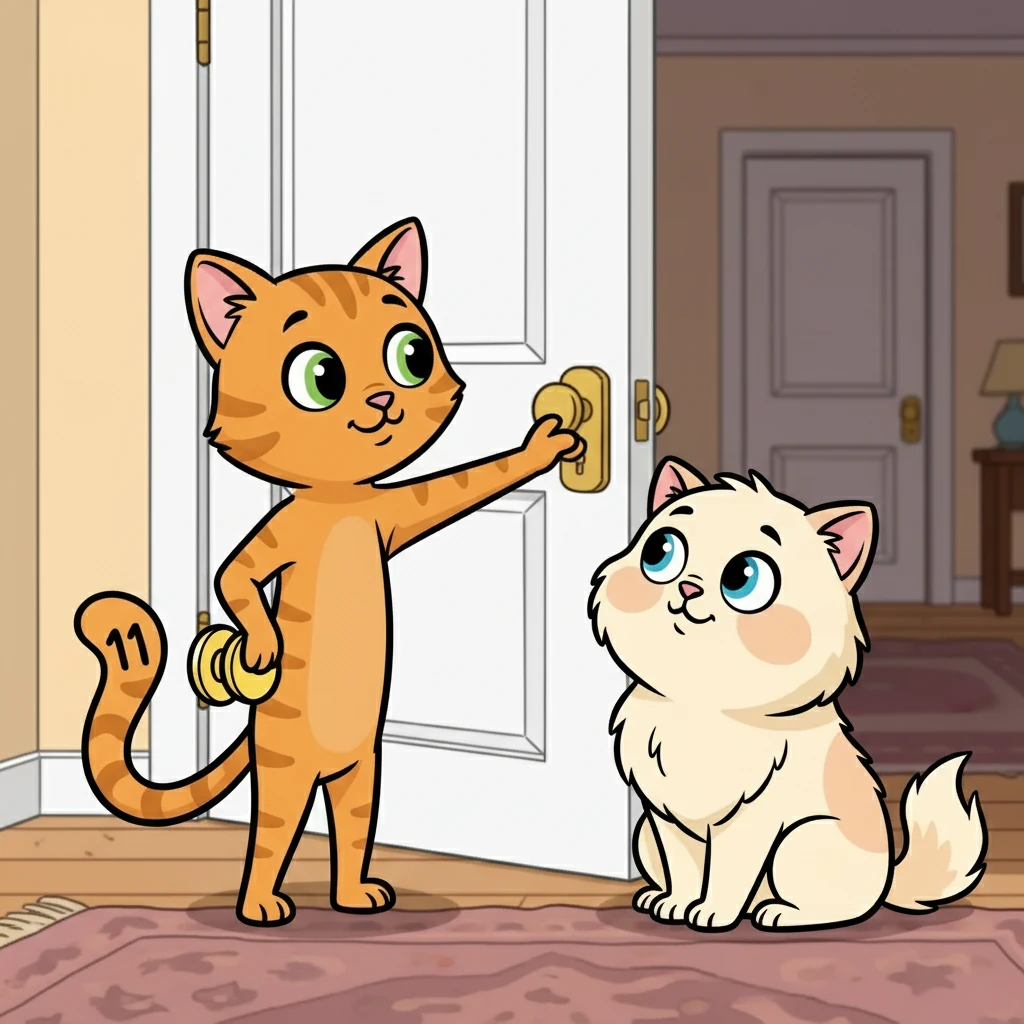 One day, Eleven decided to show Peach how to open a door. He stretched his paw towards the handle, demonstrating how to push it down and swing the door open. Peach watched with wide, attentive eyes, eager to learn the secret.