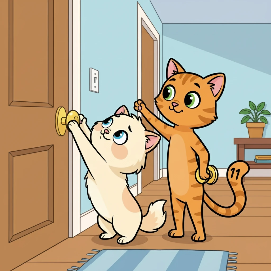 Peach tried to copy Eleven, but the door handle was too high. She jumped and stretched, but it remained just out of reach. Eleven purred encouragingly, patiently showing her again how to use her paw.
