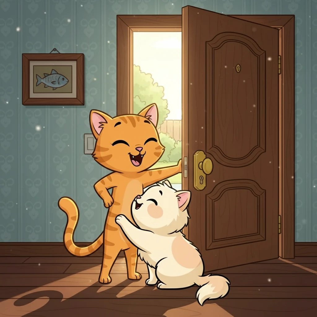 After many attempts, Peach finally managed to nudge the handle and swing the door open! Her triumphant meow echoed through the house. Eleven purred with pride, rubbing against her in celebration of their success.