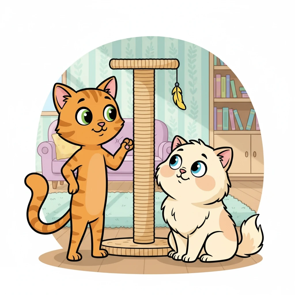 Now it was Peach's turn. She noticed Eleven struggling to reach a tall scratching post. Peach, a master of balance, demonstrated how to stand on her hind legs.