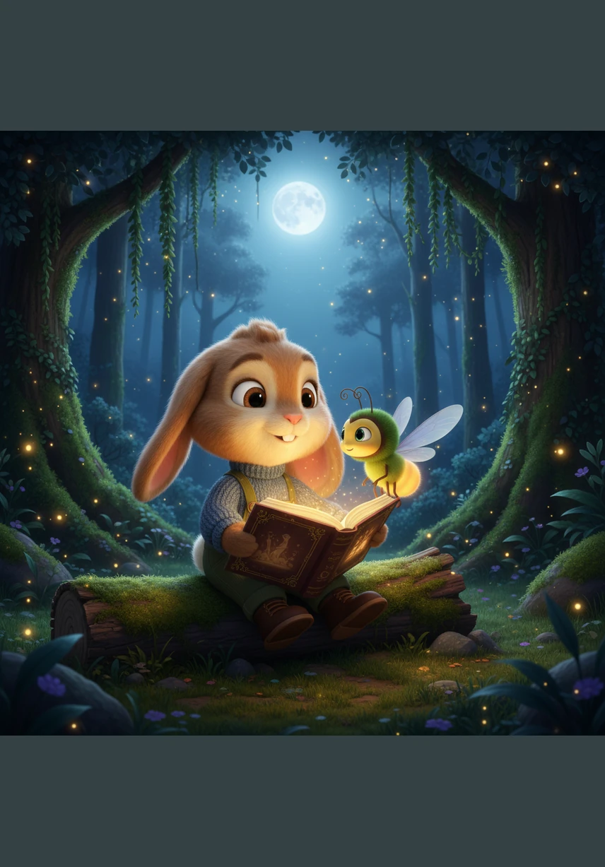 Barnaby the little bunny stood at the edge of the deep, green forest as the golden sun began to dip below the horizon. He had wandered a bit too far from his burrow while chasing a butterfly, and now the familiar path was nowhere to be seen. The air grew cool, and the tall trees seemed to stretch their leafy arms across the darkening sky.