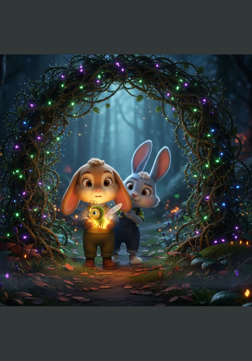 As the twilight deepened, the once-friendly bushes began to cast long, twisted shadows that looked like giant monsters. Barnaby’s long ears twitched at every sound, and his little pink nose wrinkled with worry as he huddled close to a mossy log. The forest felt much bigger and stranger than it did during the bright, sunny morning.