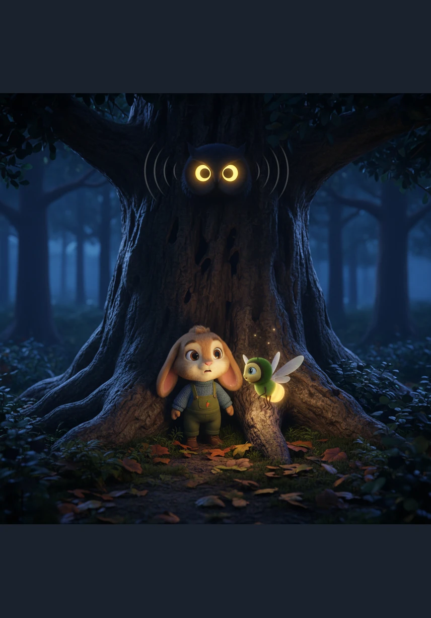 A soft, rhythmic hooting drifted down from the high branches, sounding like a ghostly whistle in the silence. Barnaby peeked out from his hiding spot and saw two large, glowing eyes staring down at him from the darkness. He felt very small and very lost, wondering if he would ever find his way home.