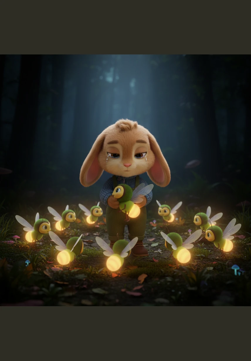 Just as a tiny tear began to roll down his cheek, a small, golden light flickered in front of his nose. It was a friendly firefly, dancing in the air with a warm and gentle glow that made the shadows retreat. Barnaby reached out a paw, feeling a sudden spark of hope in the middle of the dark woods.