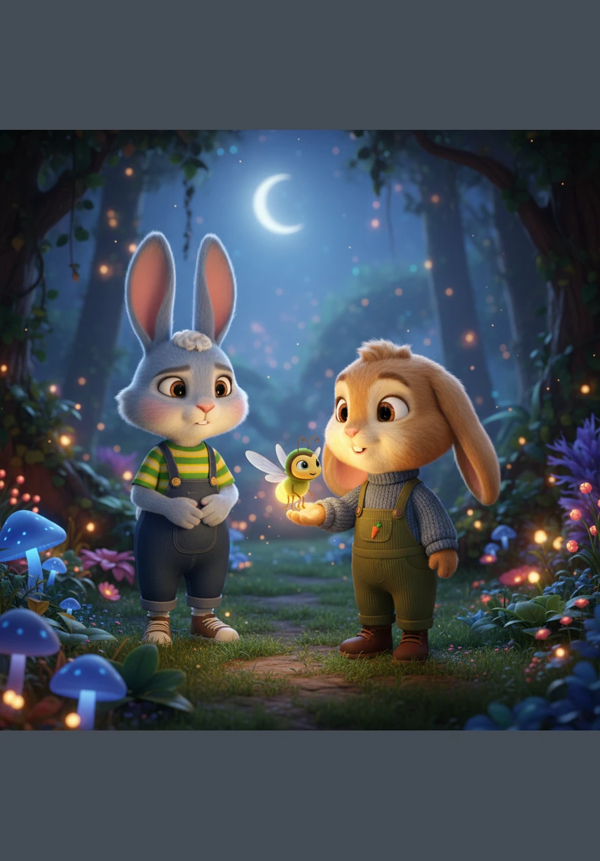 The firefly buzzed softly and began to fly slowly down a narrow trail, beckoning Barnaby to follow. Barnaby took a deep breath, gathered his courage, and hopped along behind his glowing new friend. The path didn't seem quite so scary now that he wasn't walking through the darkness alone.