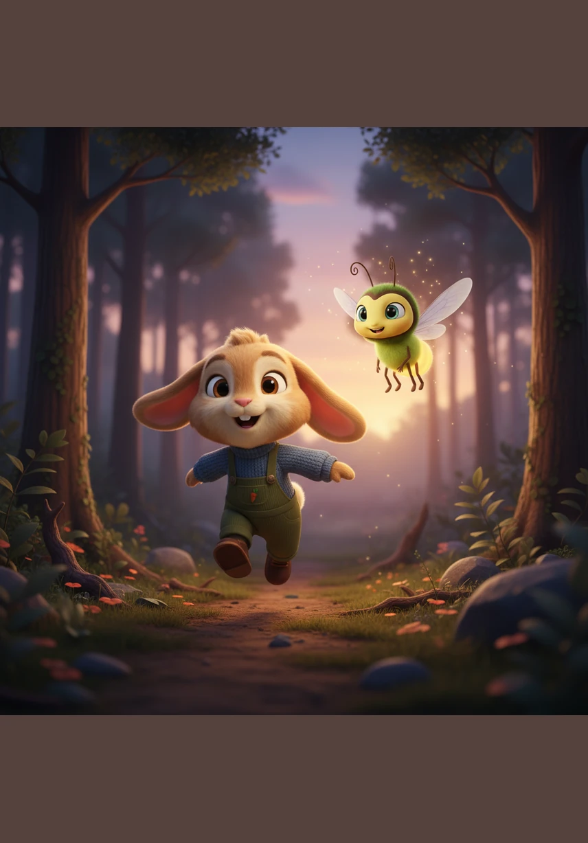 In the distance, a familiar and comforting sound reached Barnaby’s twitching ears—it was his mother calling his name. He let out a happy chirp and began to hop faster, his little white tail bobbing up and down with excitement. The firefly led him to the edge of the clearing where the trees began to thin.