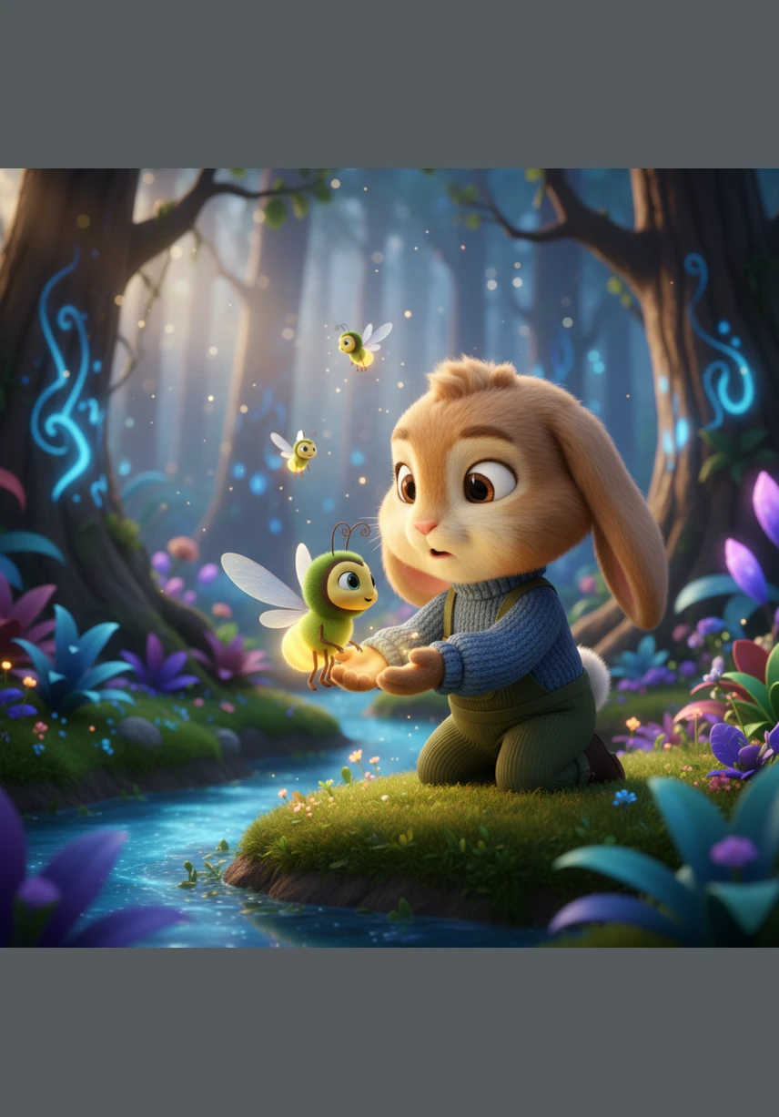 Barnaby burst through the tall grass and saw the warm, inviting glow of his family's burrow just ahead. His mother was waiting outside, her face lighting up with relief as she saw her brave little bunny returning home. He hopped straight into her soft fur, feeling safe, loved, and incredibly proud of himself.