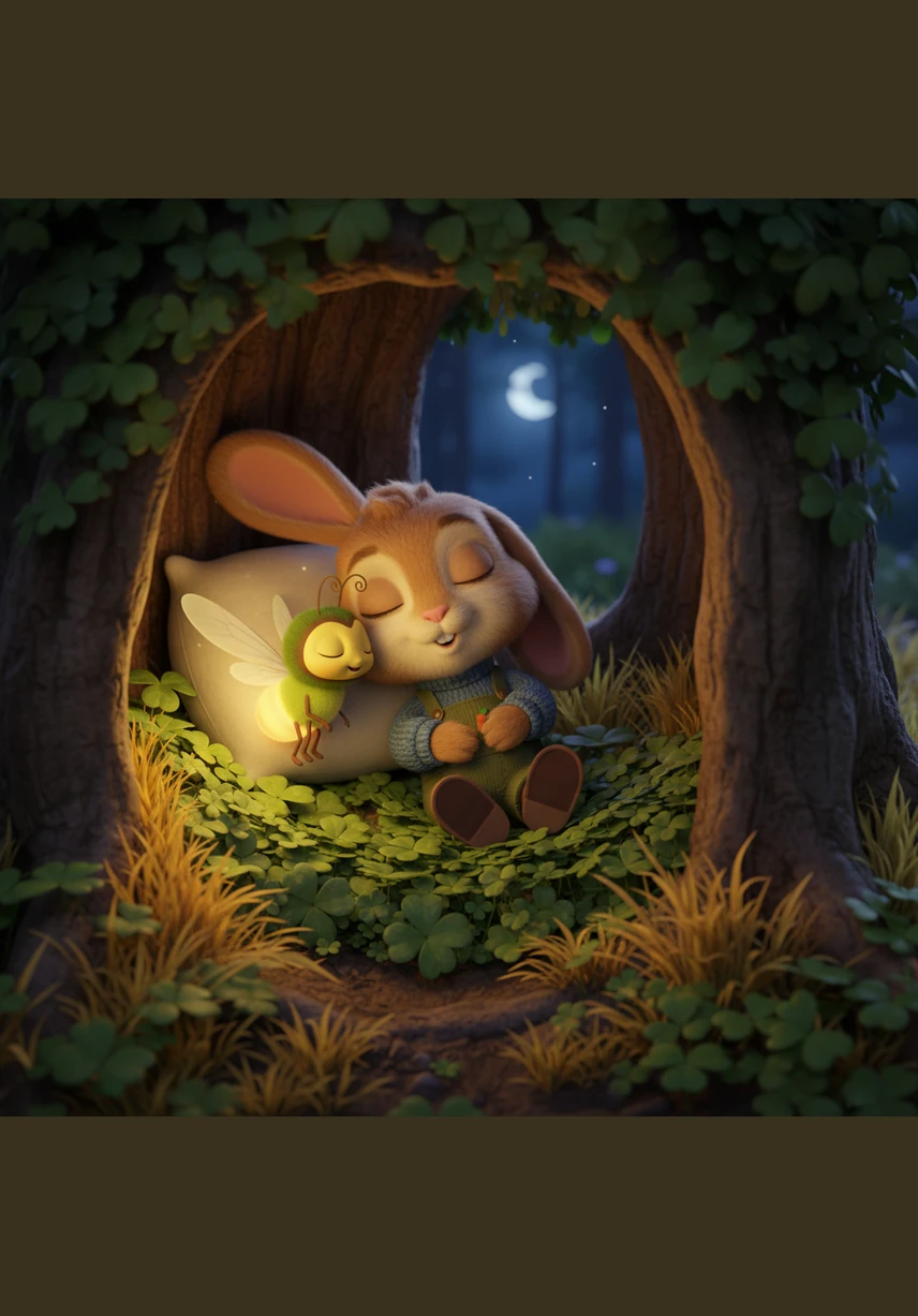 Tucked safely into his bed of soft clover and dried grass, Barnaby listened to the gentle sounds of the forest outside. He realized that the dark wasn't so scary when you had a little light and a lot of heart. With a sleepy yawn, the brave little bunny drifted off to sleep, dreaming of his next big adventure.