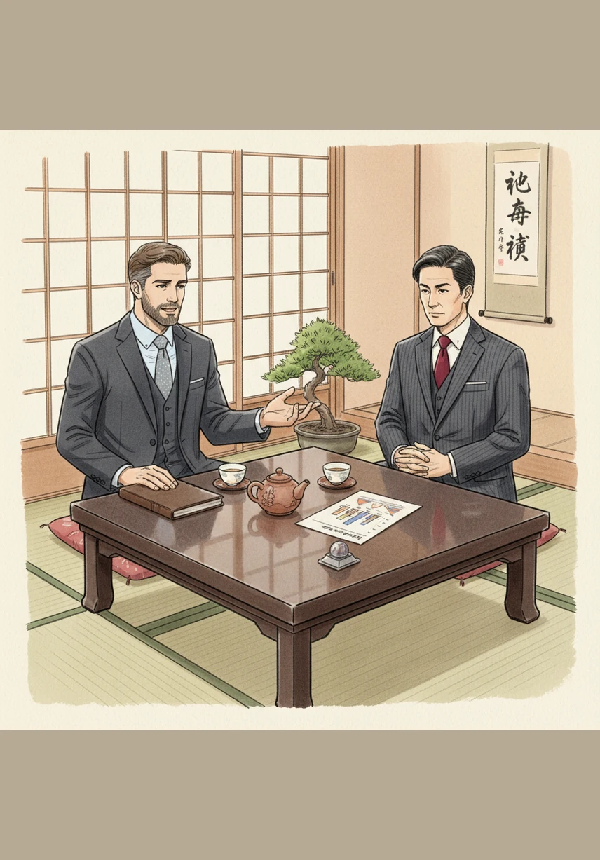 Julian meets Mr. Tanaka, a respected regional leader, in a traditional office overlooking a meticulously manicured Zen garden. They do not discuss contracts or figures immediately; instead, they share a pot of local green tea, practicing the vital art of building a foundation of personal trust. Julian listens intently, understanding that in Aomori, the person matters as much as the project.