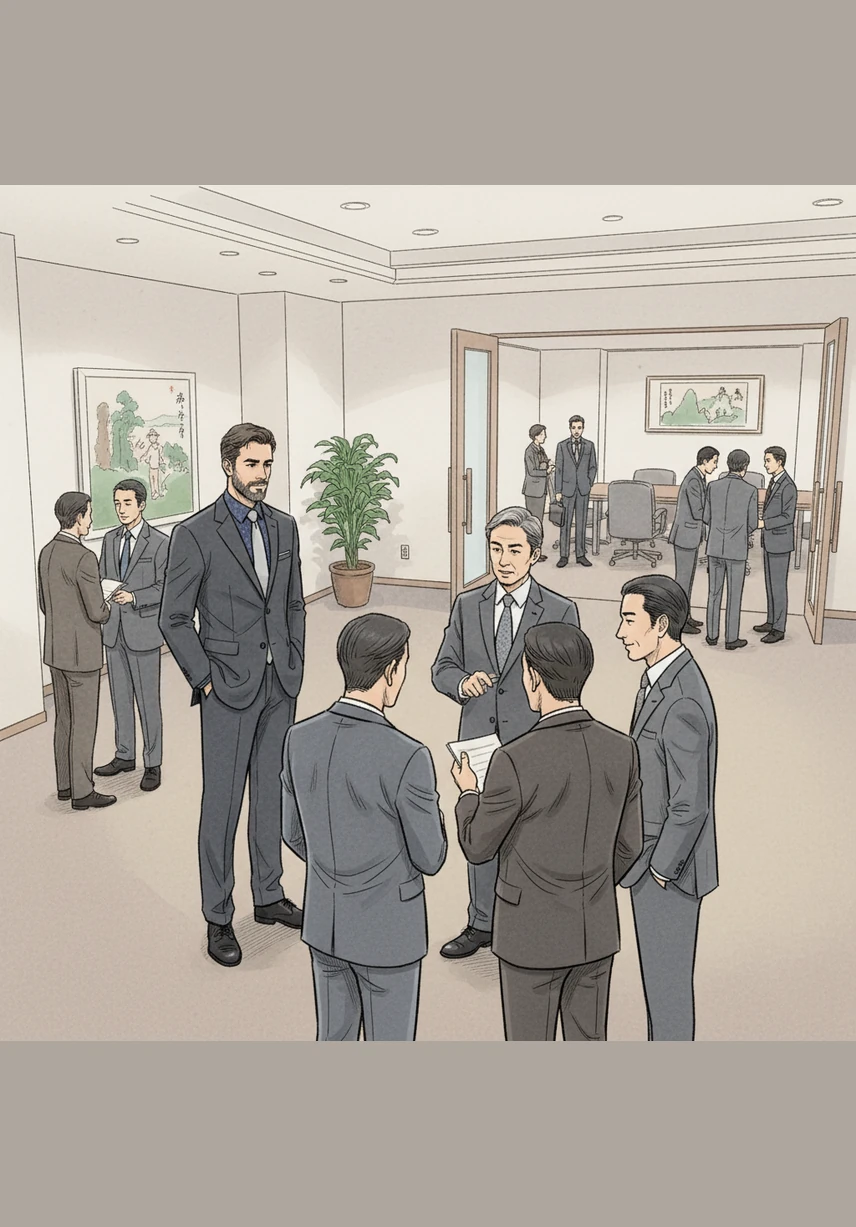 Julian participates in his first Nemawashi session, watching as colleagues quietly build consensus in small, informal groups before the official meeting begins. He learns that the real decisions are made through these subtle, behind-the-scenes conversations and mutual agreements. By the time the boardroom doors open, the path forward is already harmoniously paved.