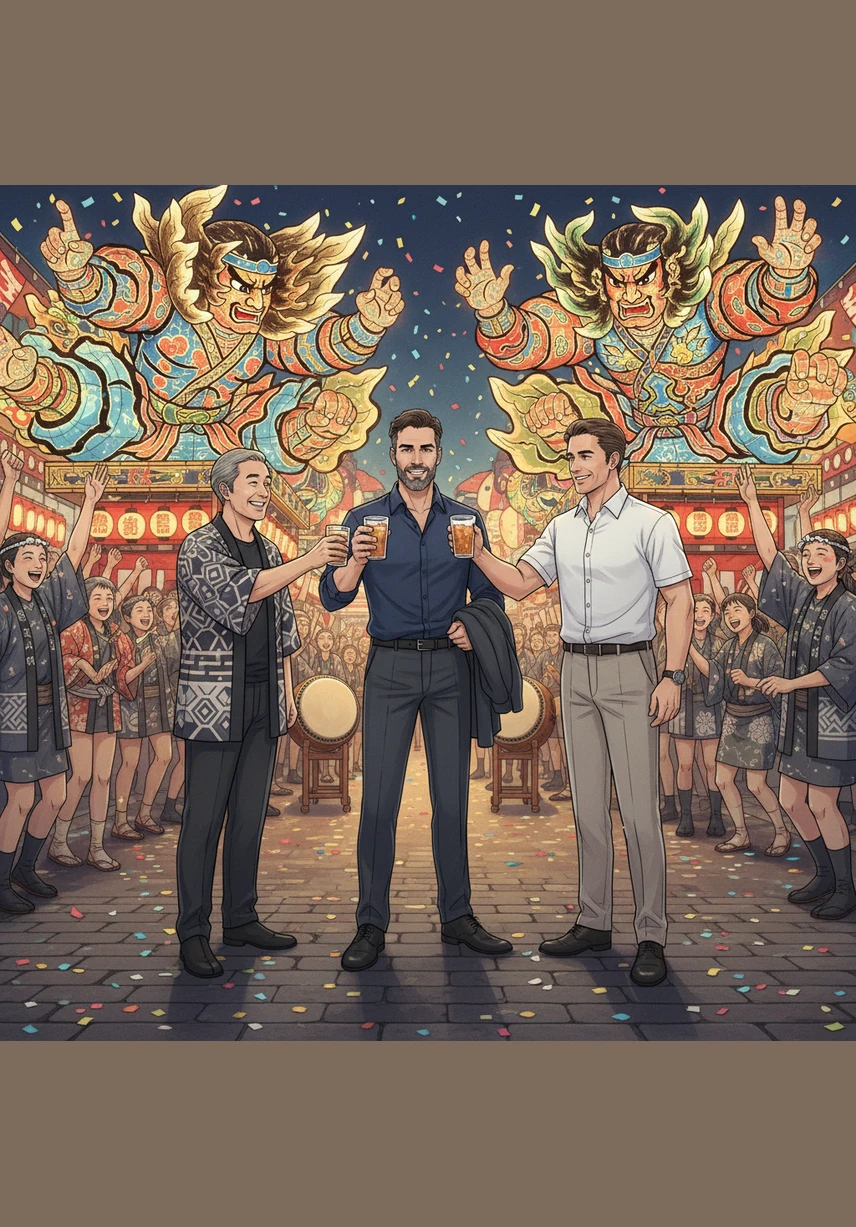 Julian and his new partners celebrate a successful venture at a local festival, surrounded by the towering, vibrant lanterns of the Nebuta Matsuri. The bond they have built is no longer just professional; it has become a lasting partnership based on mutual respect and shared success. The energy of the drums and the cheers of the crowd reflect the vitality of their new business alliance.