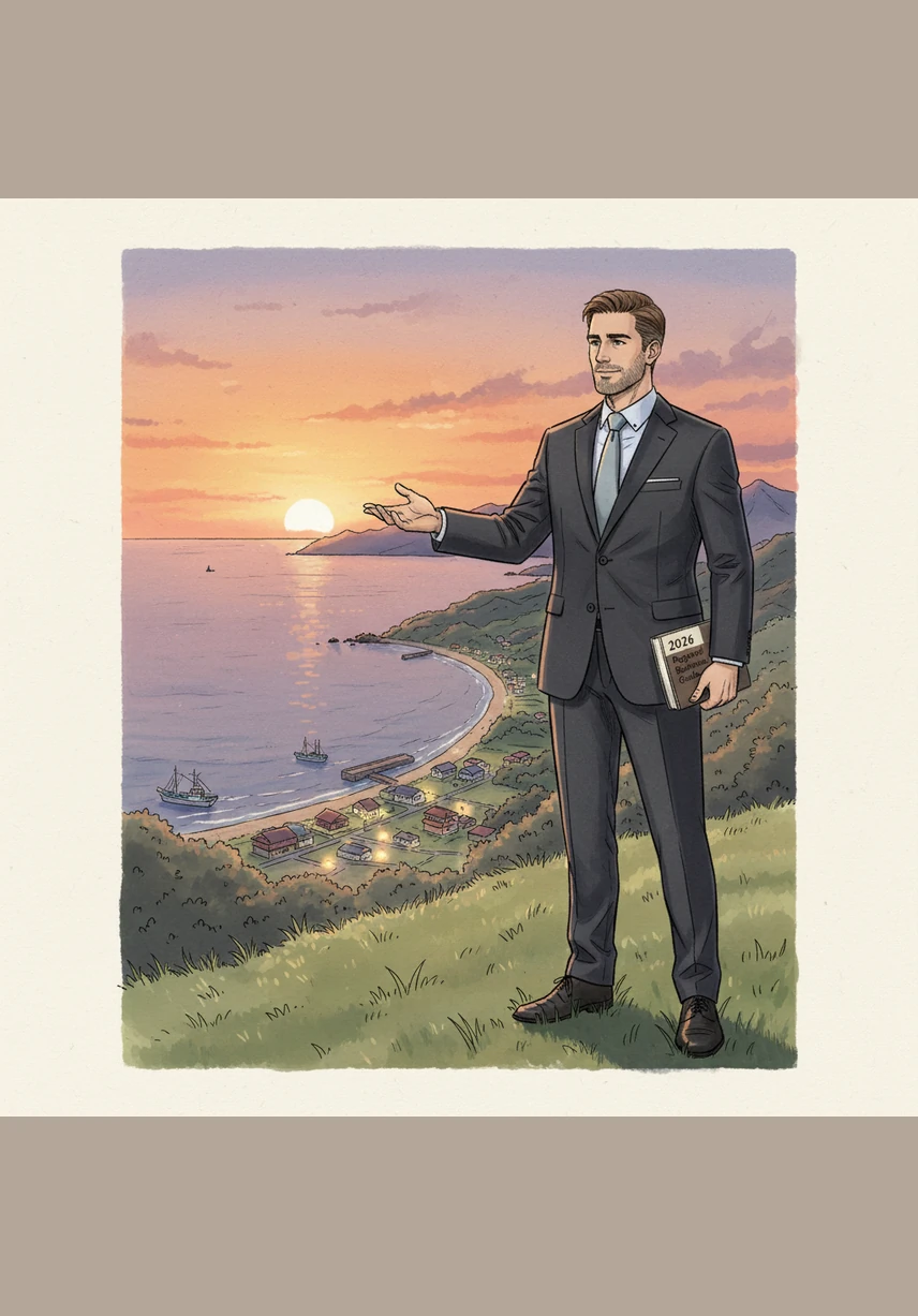 Julian stands on a hill overlooking the Aomori coastline at sunset, holding the 2026 Regional Business Guide. He looks toward the horizon with confidence, knowing he has unlocked a world of opportunity far beyond the city lights of Tokyo. His journey has proven that for those willing to learn, the real Japan offers rewards that last a lifetime.