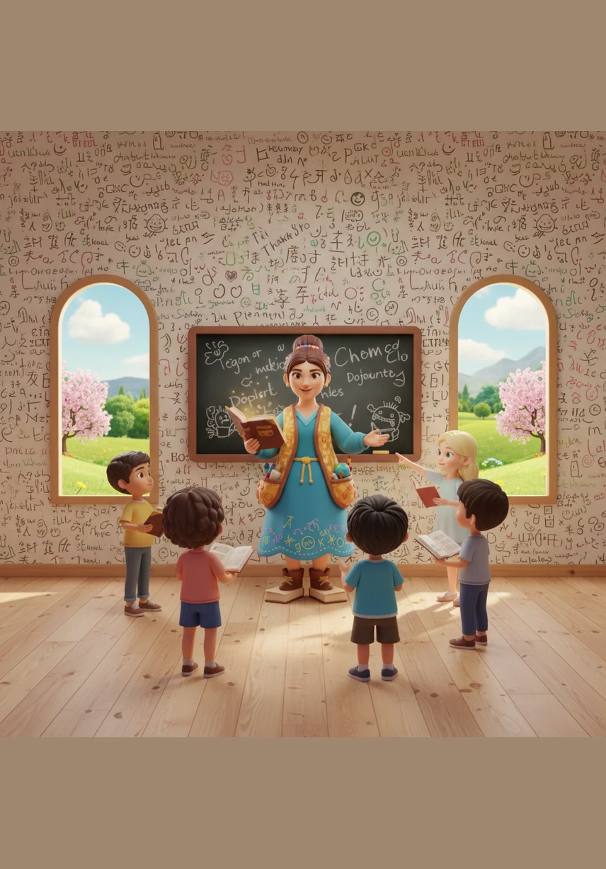 In a peaceful valley, Teacher Sophia taught in a school where the walls were covered with words from every language in the world. She spent her days teaching children how to say hello, thank you, and please, surrounding them with the beauty of human speech.