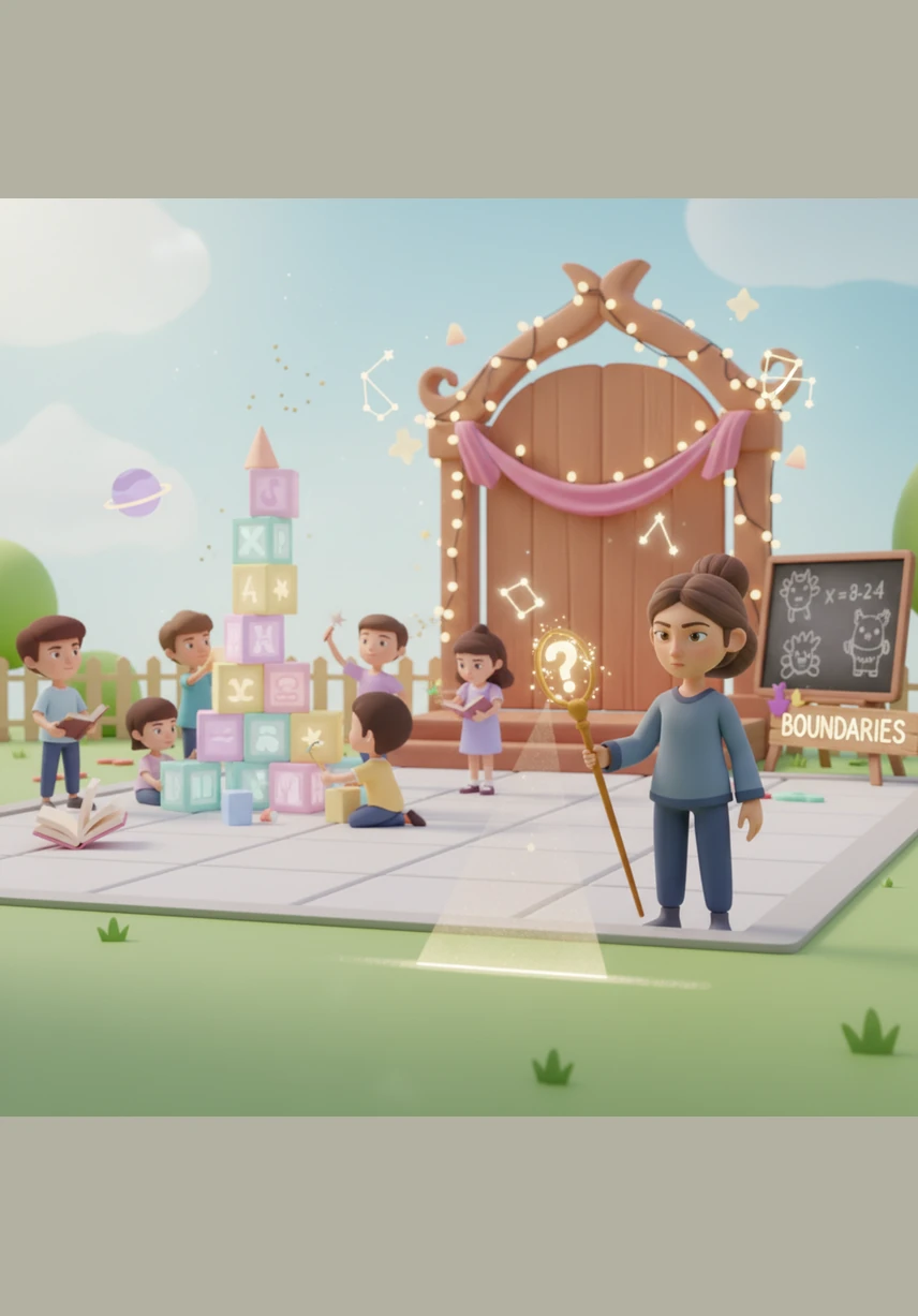 When Boundaries tried to help, the people pushed her away and told her not to be so strict because children should just be children. Boundaries stood quietly at the edge of the schoolyard, her flashlight dimming as the adults ignored her vital guidance.