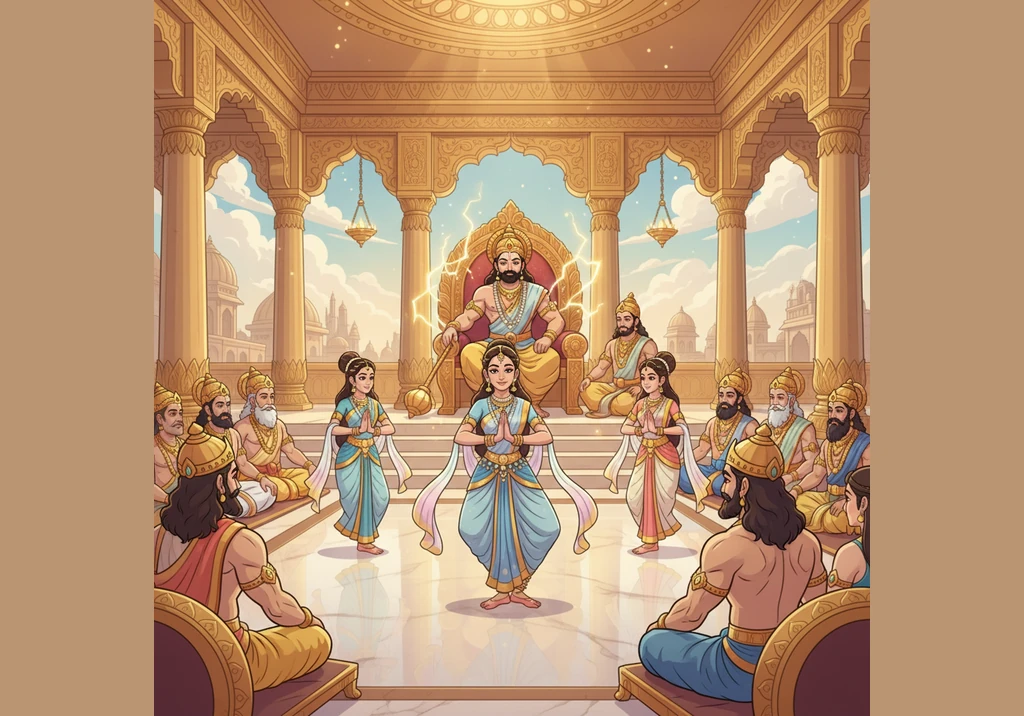 In the magnificent court of Indra, celestial dancers perform graceful movements that fill the golden palace with joy. Among them, the apsara Urvashi s