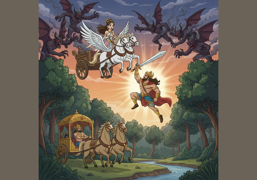 While traveling through the sky, Urvashi is suddenly attacked by fierce, dark demons who surround her chariot with menacing intent. King Pururavas, pa