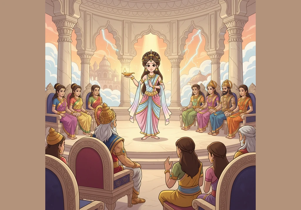 After returning to heaven, Urvashi’s heart remains with the mortal king, causing her to accidentally speak his name during a sacred dramatic performan