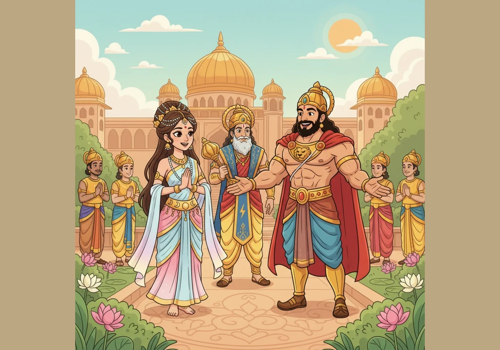 Upon her arrival on Earth, Urvashi is welcomed by Pururavas with great happiness and royal respect. Their love flourishes in the sunlit gardens and gr