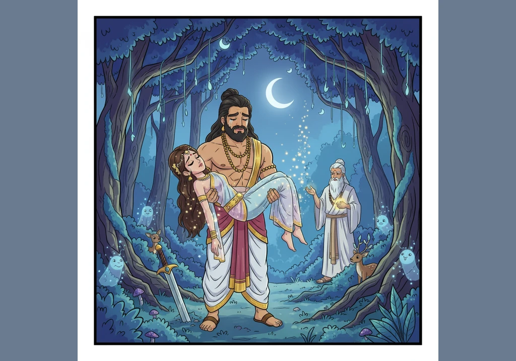 Under the weight of the forest's magic, Urvashi’s form begins to shimmer and fade before the king’s eyes. She is transformed into a delicate creeper v