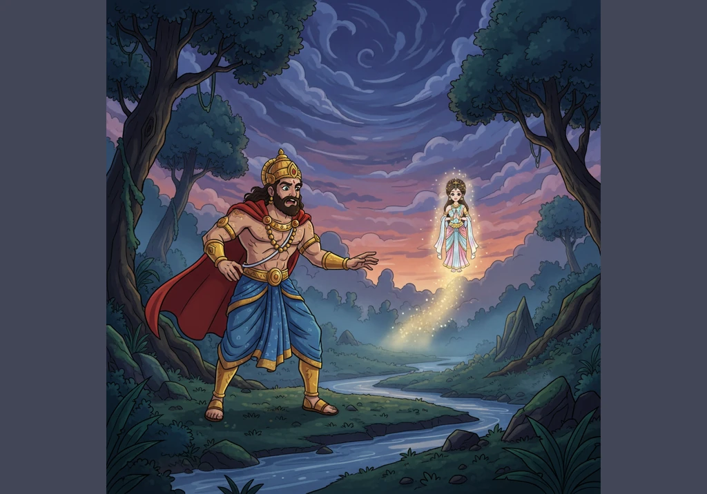 Pururavas begins a desperate search through the misty mountains and dense woods, refusing to believe his love is gone forever. He calls her name to th