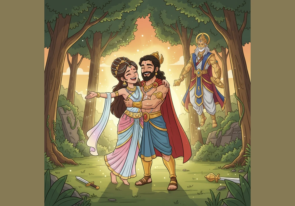 Through divine intervention and the strength of his devotion, the curse is finally broken amidst a glow of mystical light. Urvashi returns to her orig