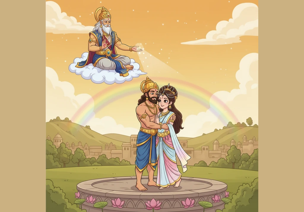 Moved by their powerful bond, Lord Indra grants his blessing for Urvashi to remain on Earth for the rest of the king's life. Their journey concludes i