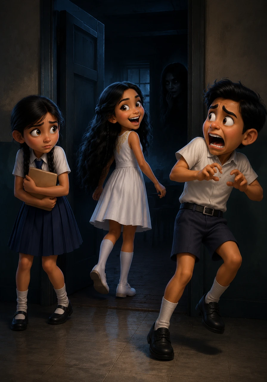 Standing before the slightly open door of Classroom 10, the friends hesitate in the dim light. Sreeani marches inside with a bold, eccentric laugh, but a sudden, chilling whisper from the shadows sends Perera into a panicked scream.