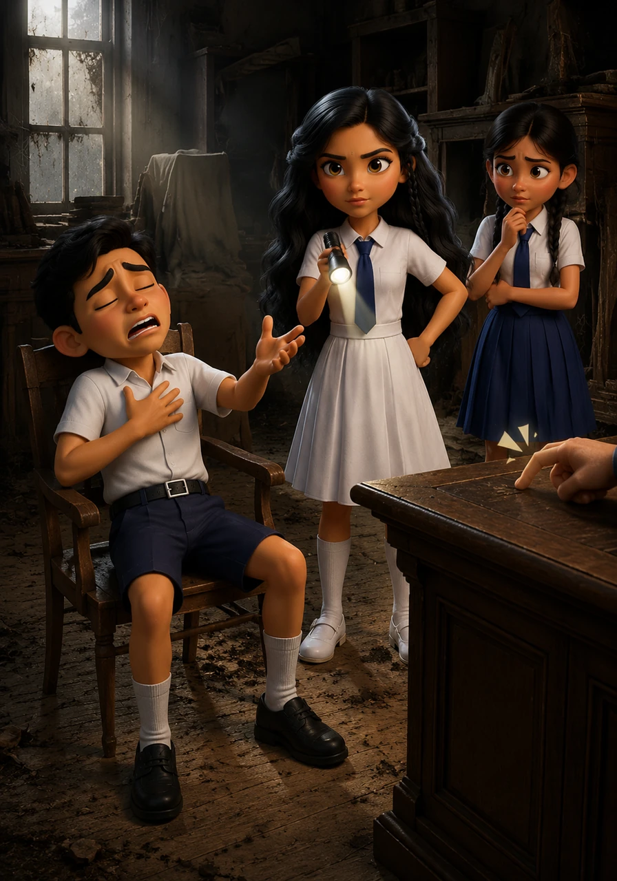 Inside the dusty room, Sreeani leads the investigation with the focus of a detective. Sasmith slumps into a chair with a dramatic, emotional sigh to make his final requests, just as a sharp tapping sound echoes from behind a desk.
