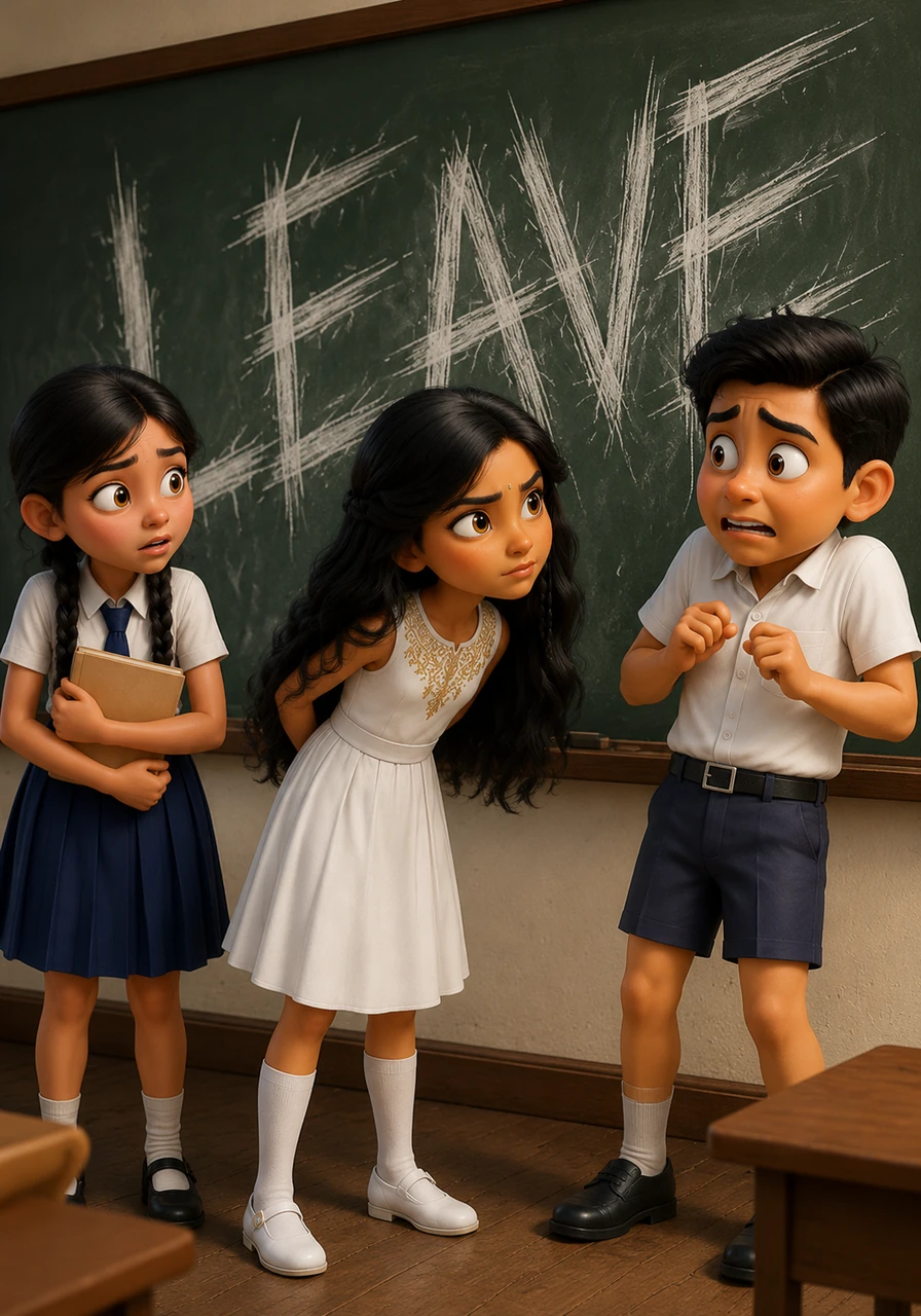 The group turns to find the word LEAVE scrawled in large, messy letters across the chalkboard. Sreeani leans in close, recognizing the familiar handwriting and turning a sharp, suspicious gaze toward a suddenly nervous Bandara.
