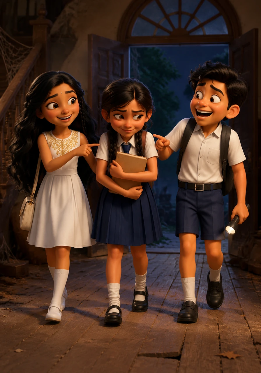 Thinking the mystery is solved, the group gathers their belongings and prepares to head home. They walk toward the exit together, laughing and teasing Bandara for her failed attempts at being a terrifying ghost.