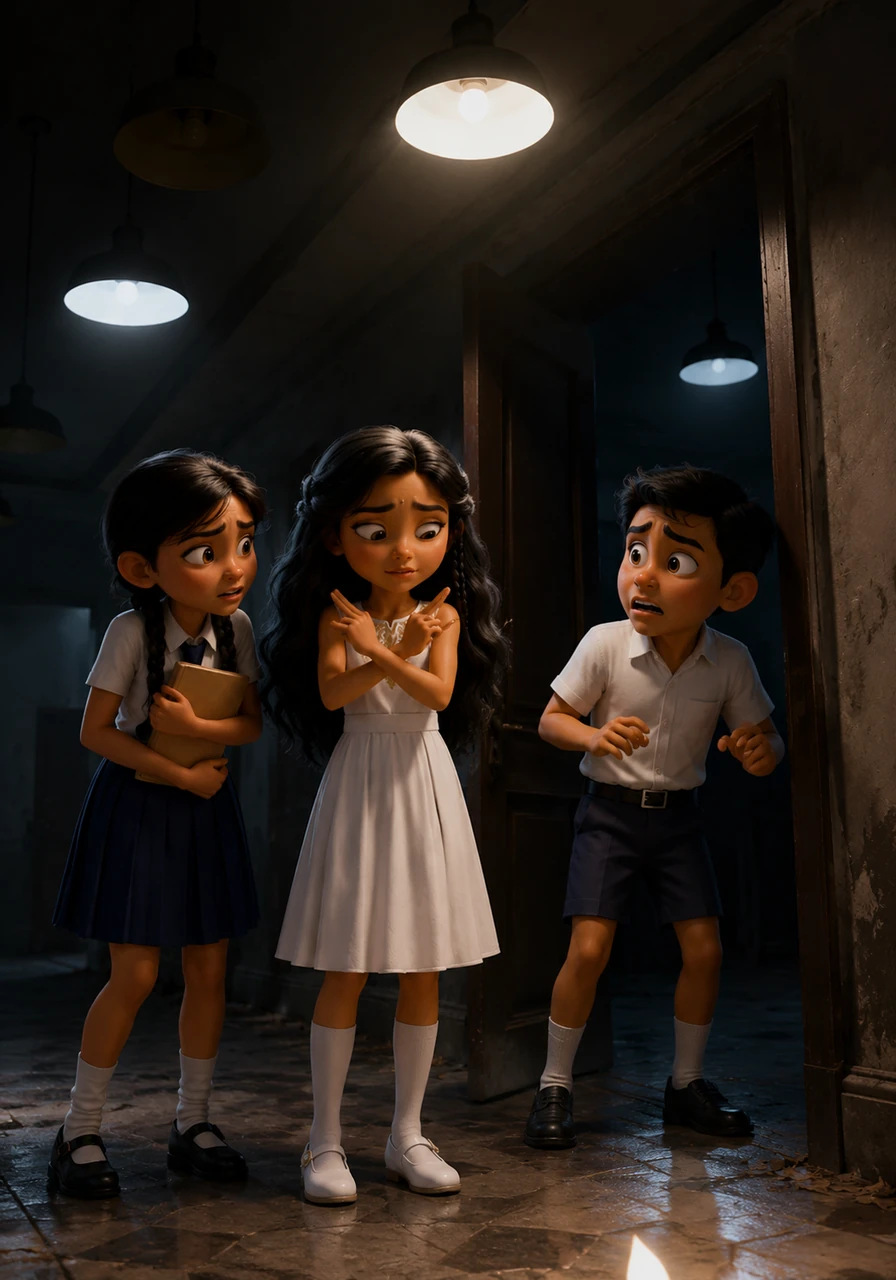Just as they reach the doorway, the ceiling lights begin to flicker violently on and off. Bandara freezes and slowly shakes her head in genuine fear, confirming to the group that she is no longer the one controlling the room.